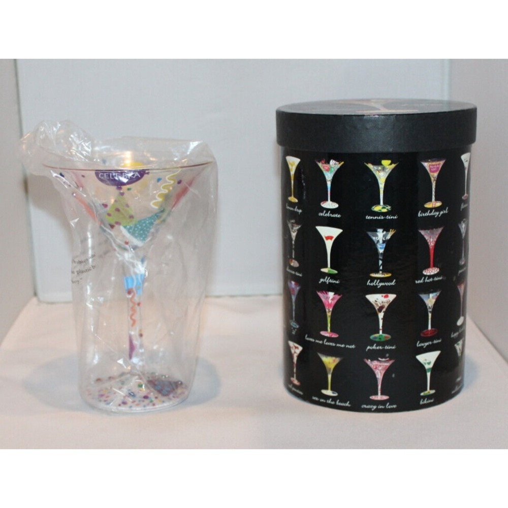 Lolita Love My Martini 7 oz glass "Celebrate" handpainted with recipe & box